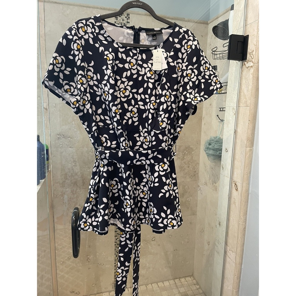 Lane Bryant Floral Peplum Blouse Short Sleeve Navy Black Pink 14 Plus NWT